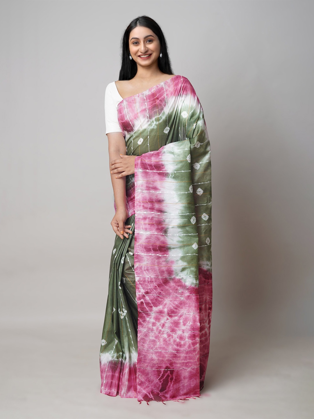 

Unnati Silks Green & Pink Tie and Dye Sequinned Silk Cotton Leheriya Saree