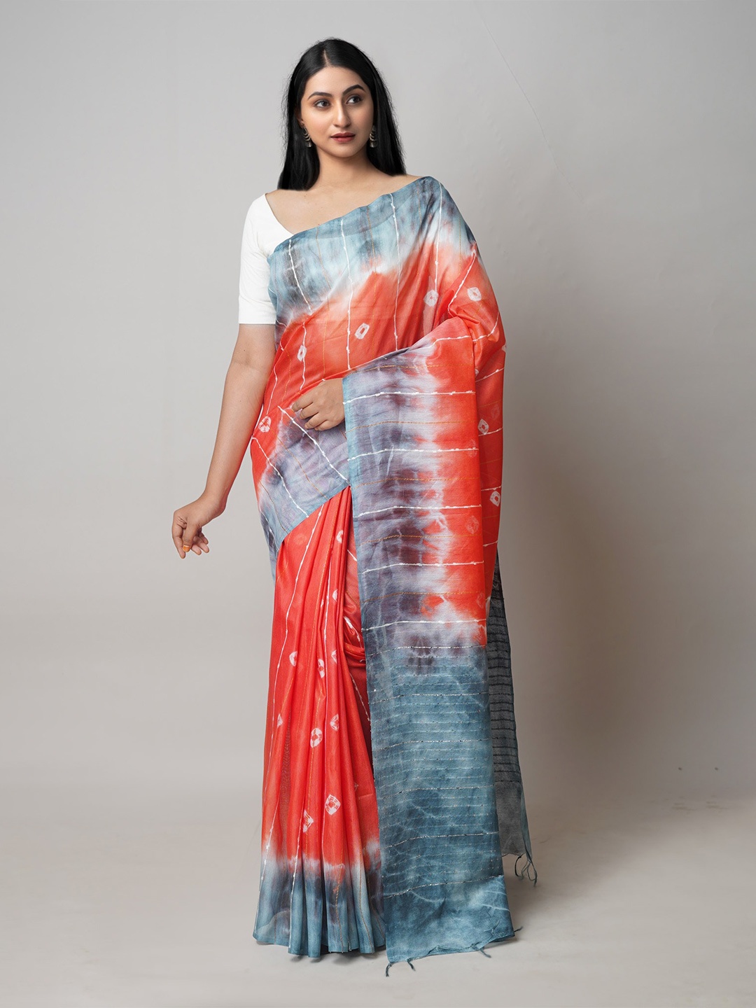 

Unnati Silks Red & Grey Tie and Dye Schiffli Silk Cotton Leheriya Saree