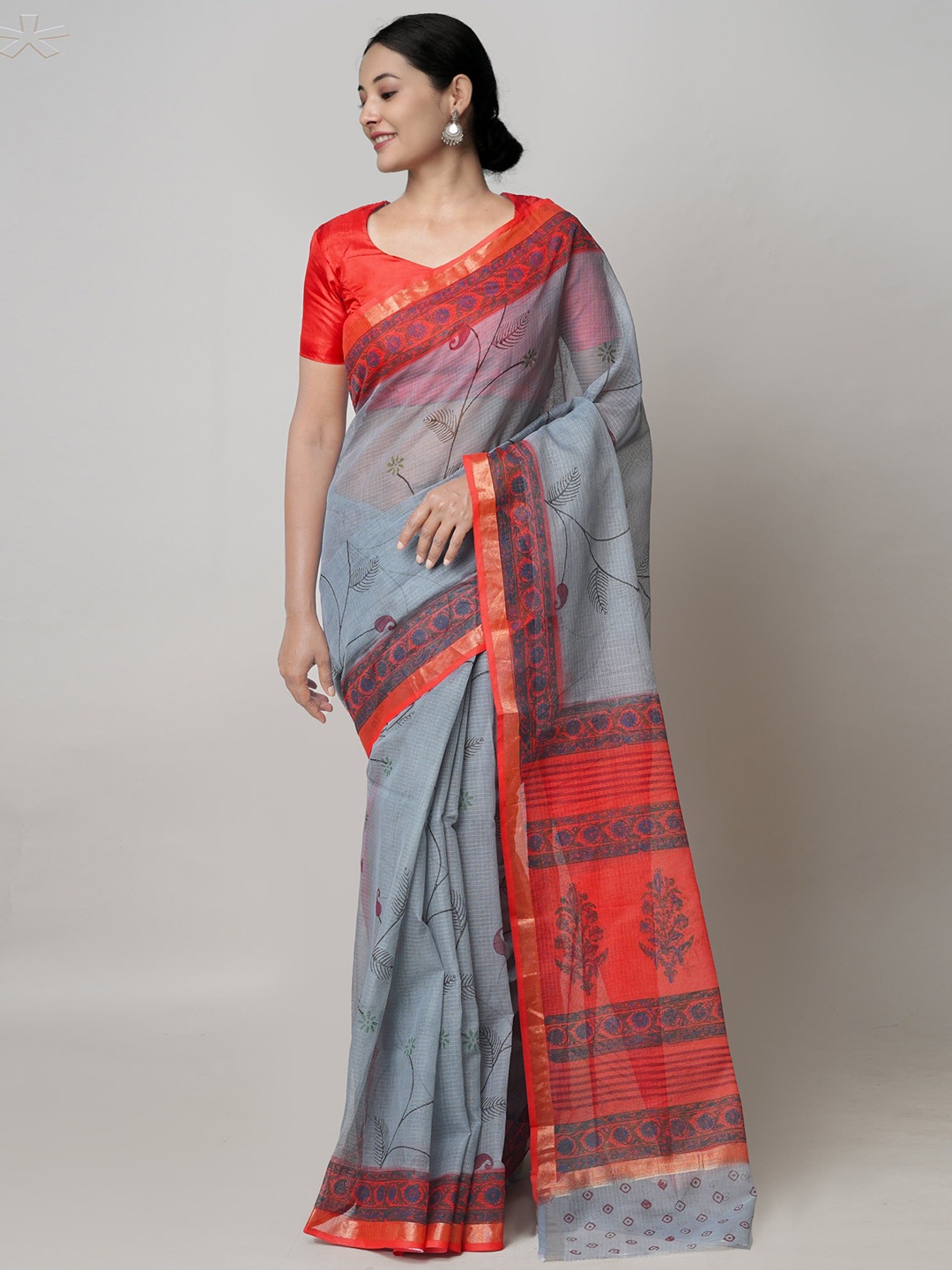 

Unnati Silks Ethnic Motifs Zari Pure Cotton Kota Saree, Grey