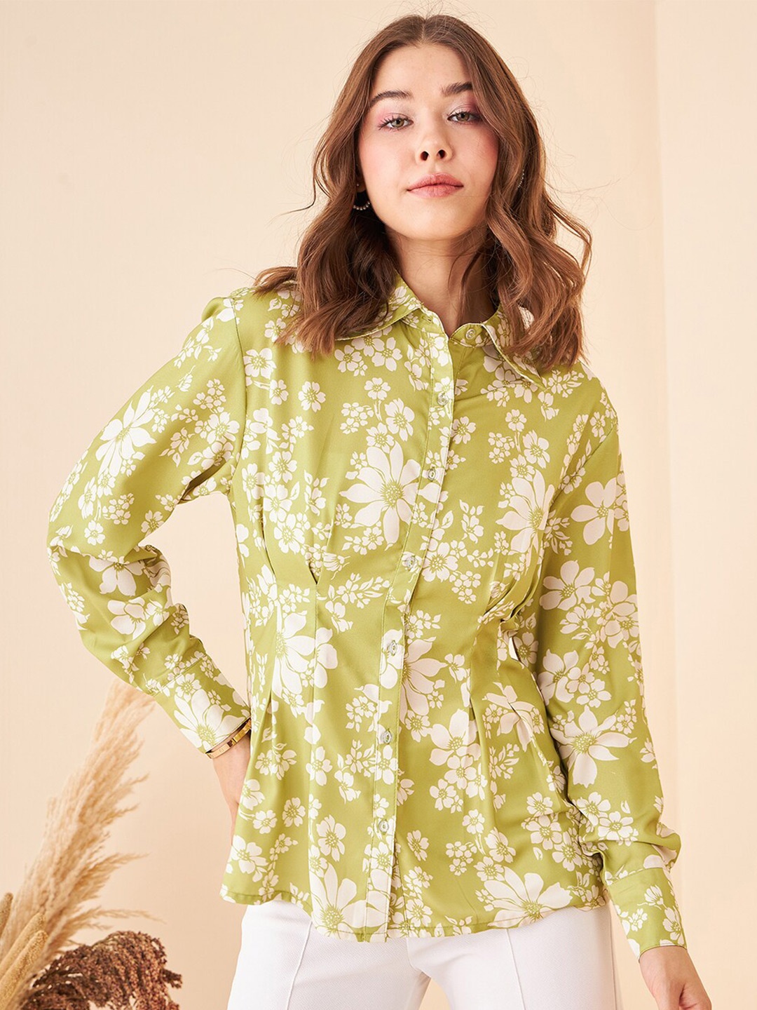 

Kibo Floral Printed Standard Opaque Casual Shirt, Lime green