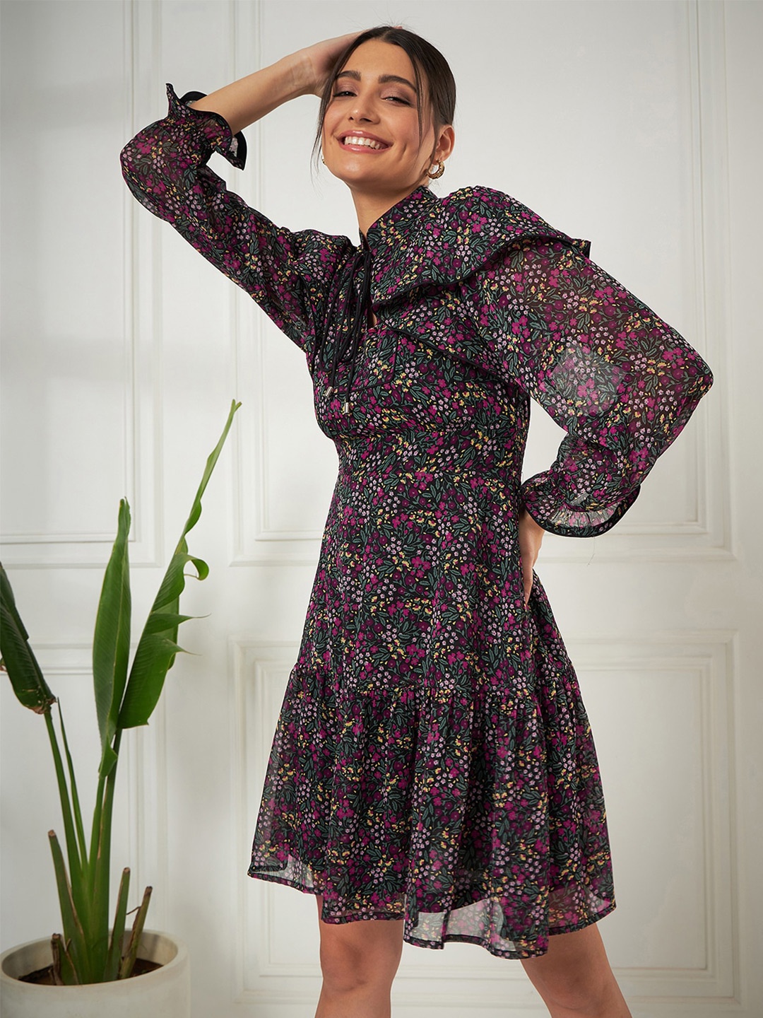 

Kibo Black Floral Printed Tie-Ups Neck Gathered A-Line Dress
