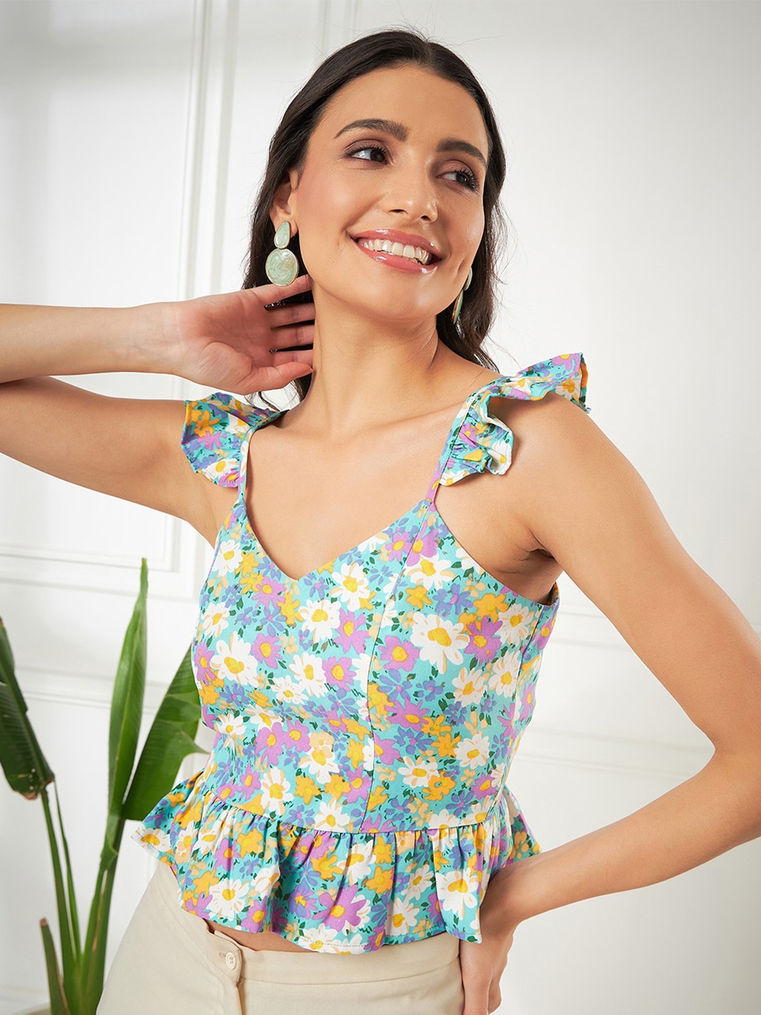 

Kibo Floral Printed Crop Top, Green