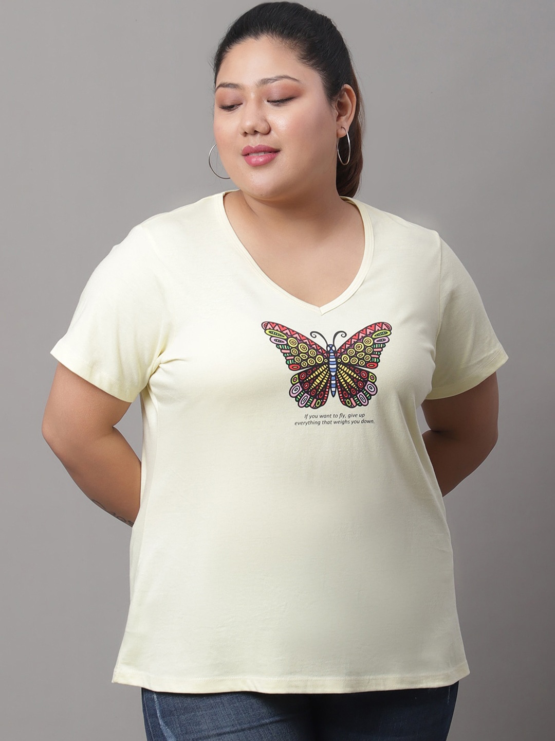 

Rute Plus Size Graphic Printed V-Neck Cotton T-shirt, Cream