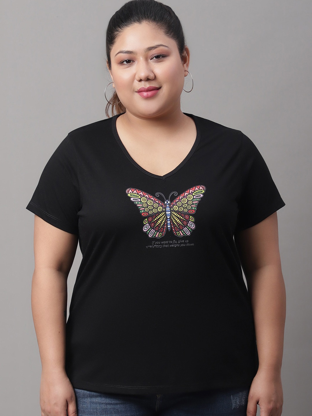 

Rute Plus Size Graphic Printed V-Neck Cotton T-shirt, Black