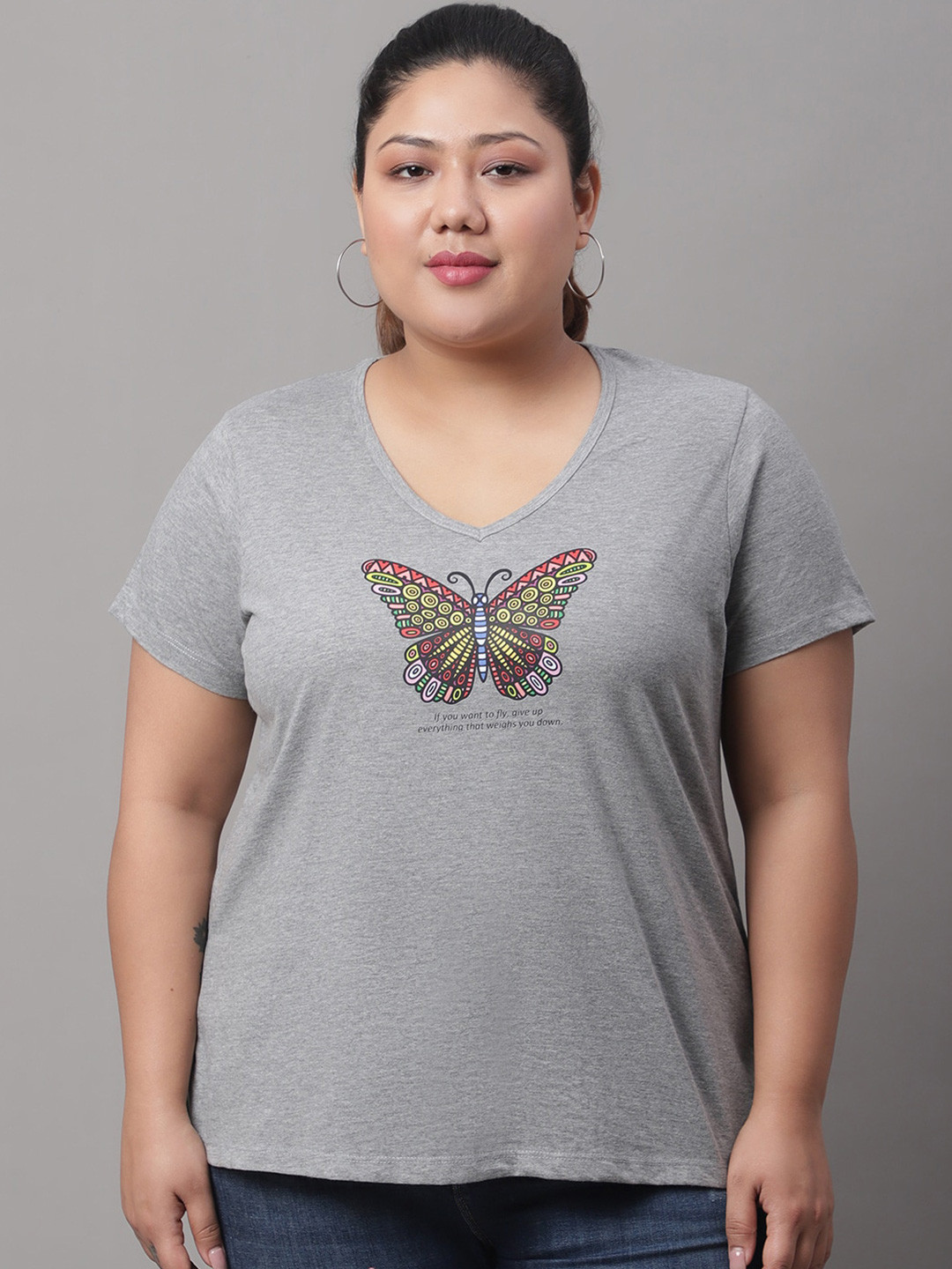 

Rute Plus Size Graphic Printed V-Neck Cotton T-shirt, Grey