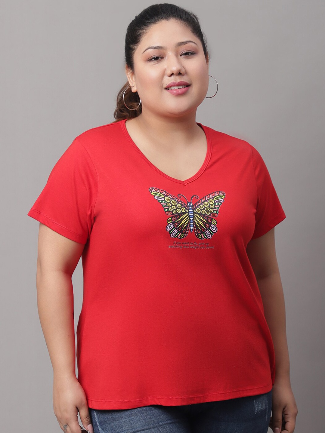 

Rute Plus Size Graphic Printed Cotton T-shirt, Red
