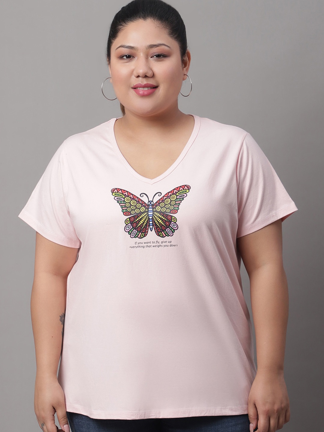 

Rute Plus Size Graphic Printed V-Neck Cotton T-shirt, Pink