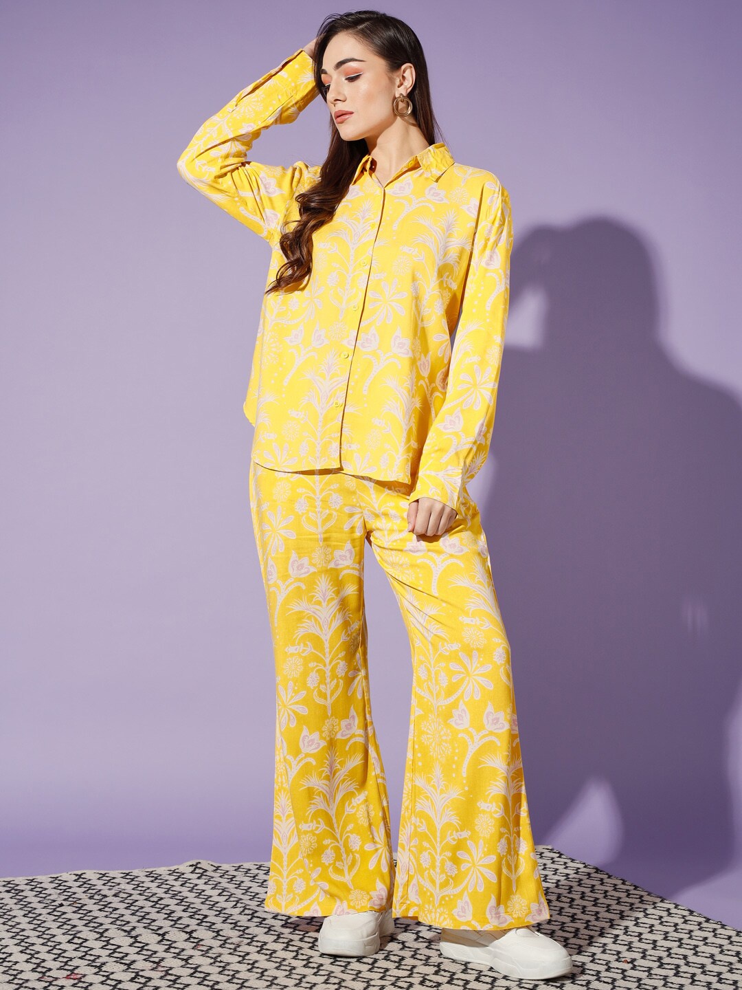 

SCORPIUS Floral Printed Shirt Collar Long Sleeves Pure Cotton Shirt & Trouser, Yellow