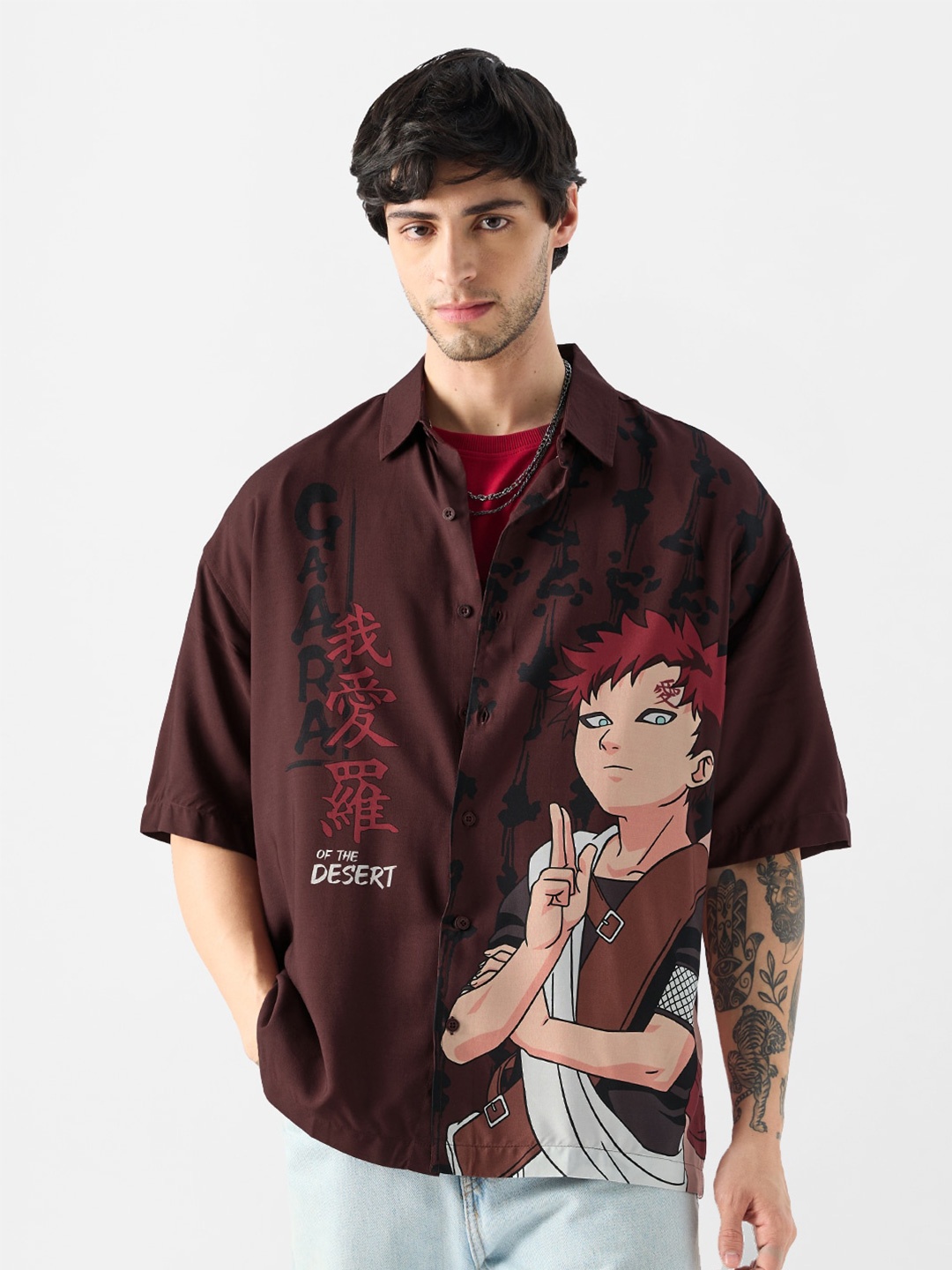 

The Souled Store Relaxed Graphic Printed Pure Cotton Shirt, Maroon