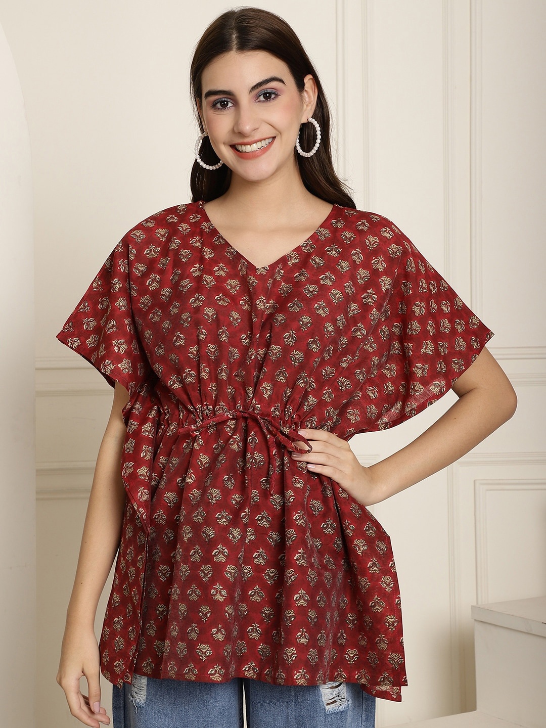 

KALINI Floral Printed Kimono Sleeves Pure Silk Kaftan Kurti, Maroon