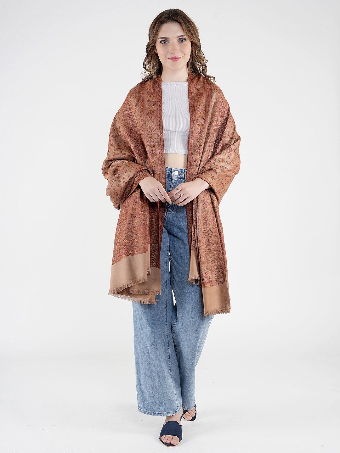 

MUFFLY Woven Design Pure Wool Reversible Shawl, Beige