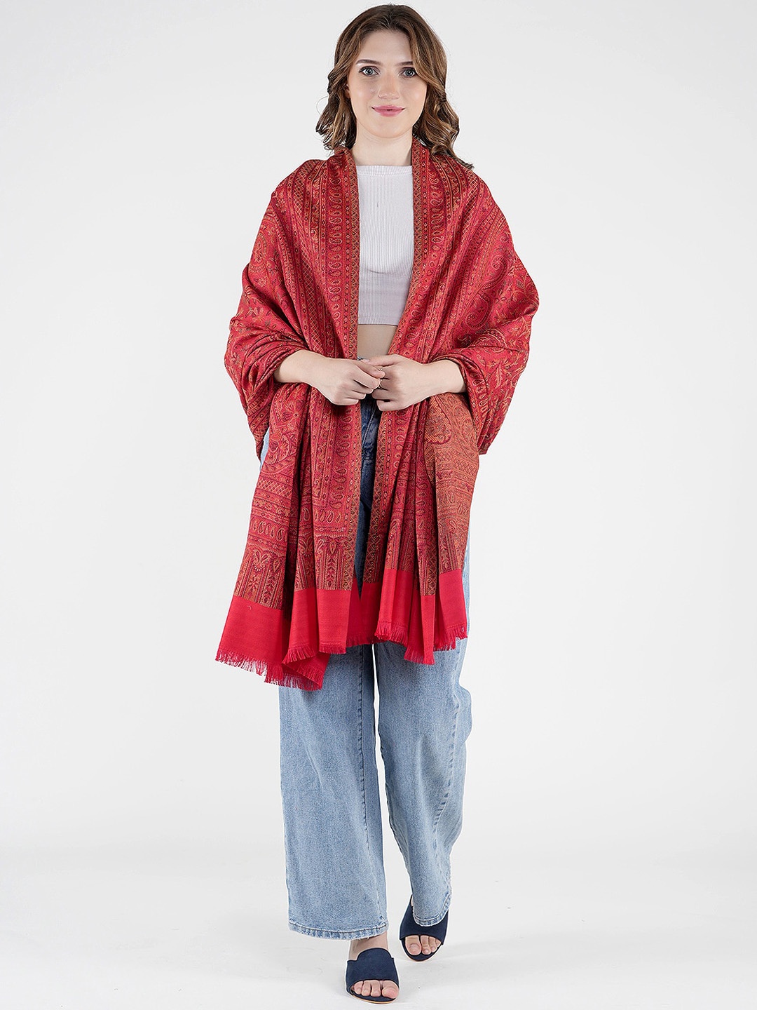 

MUFFLY Woven Design Pure Wool Reversible Shawl, Red