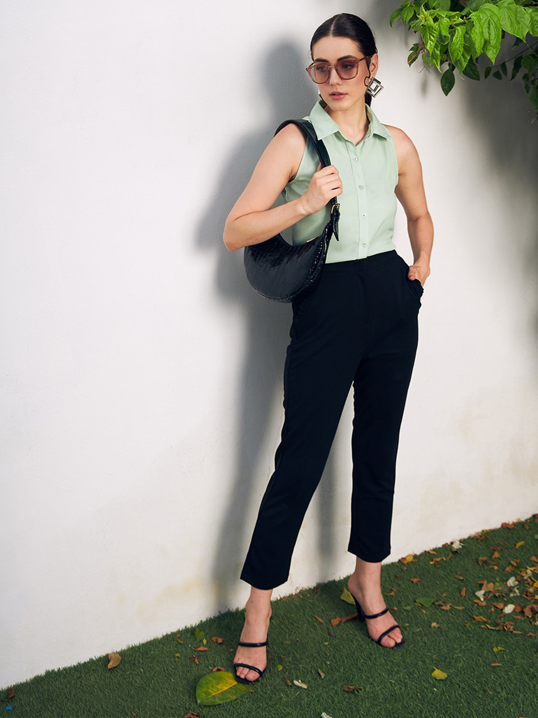 

Berrylush BIZwear Spread Collar Sleeveless Casual Shirt, Green