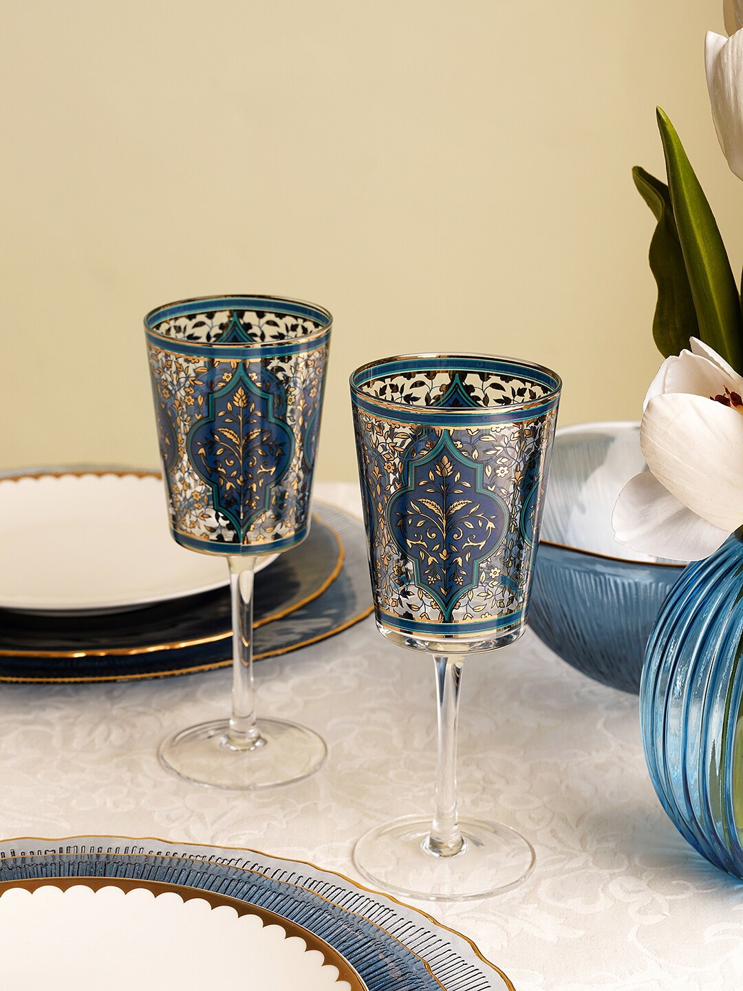 

Pure Home and Living Blue 2 Pieces Floral Printed Wie Glasses