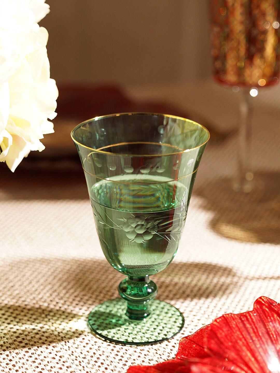 

Pure Home and Living Green 2 Pieces Floral Etching Glass Wine Glasses