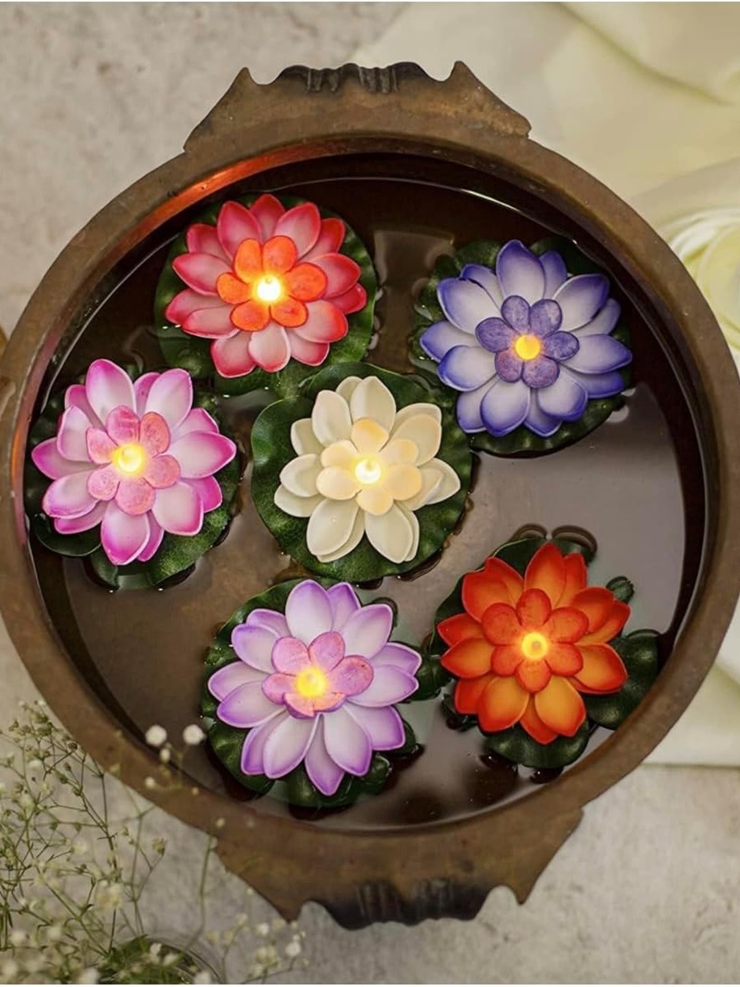 

TIED RIBBONS Set of 6 Decorative Lotus Water Sensor Diya Floating LED Candles, Multi