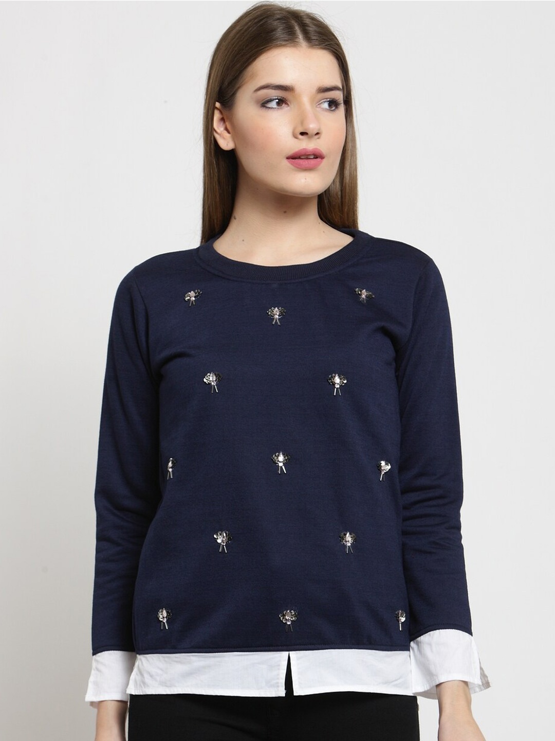 

BAESD Embroidered Round Neck Long Sleeve Fleece Pullover Sweatshirt, Navy blue