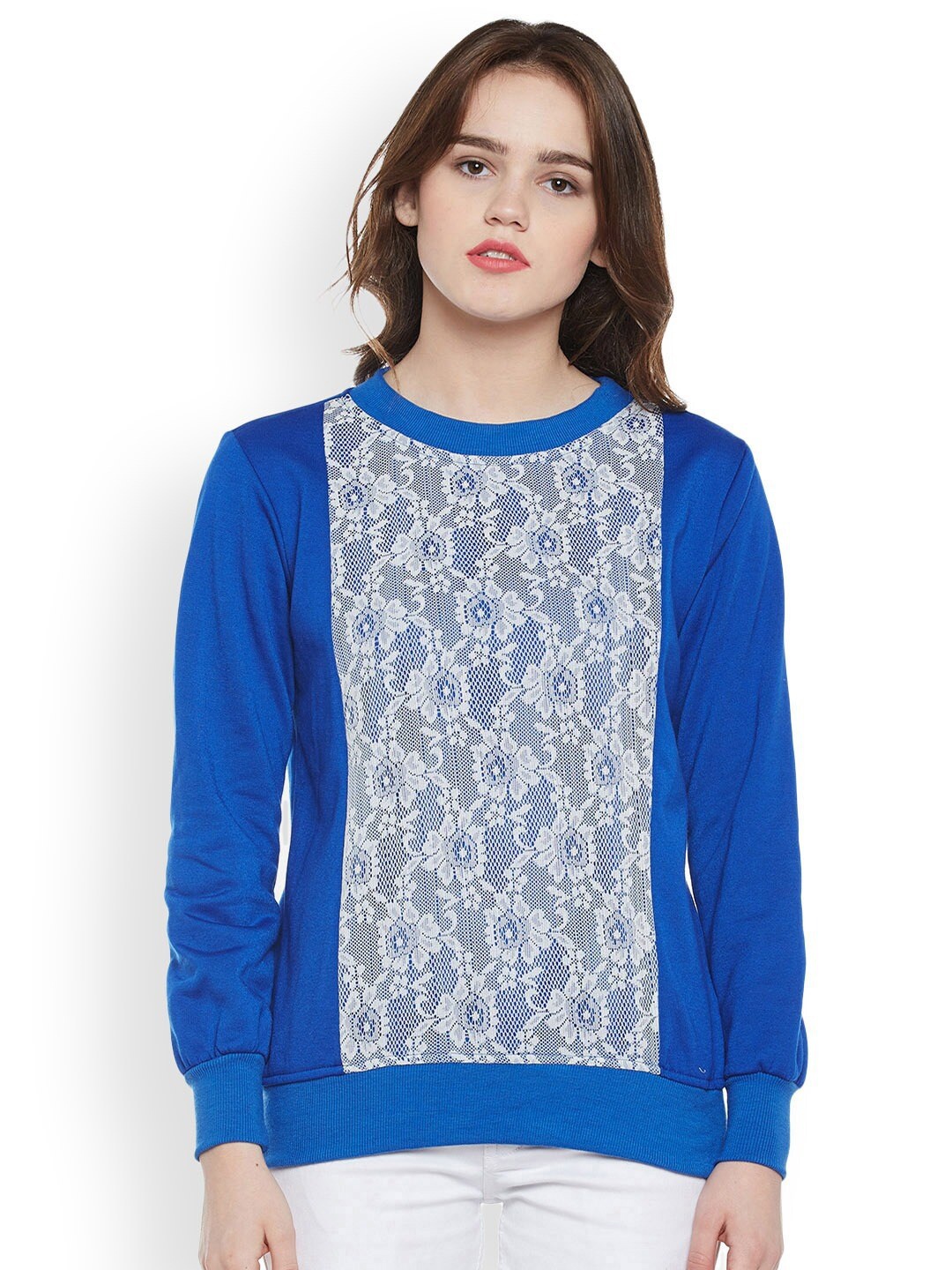 

BAESD Floral Self Design Round Neck Fleece Sweatshirt, Blue