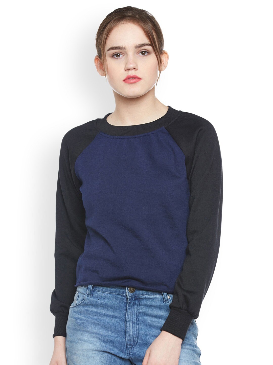 

BAESD Colourblocked Round Neck Fleece Pullover Sweatshirt, Navy blue