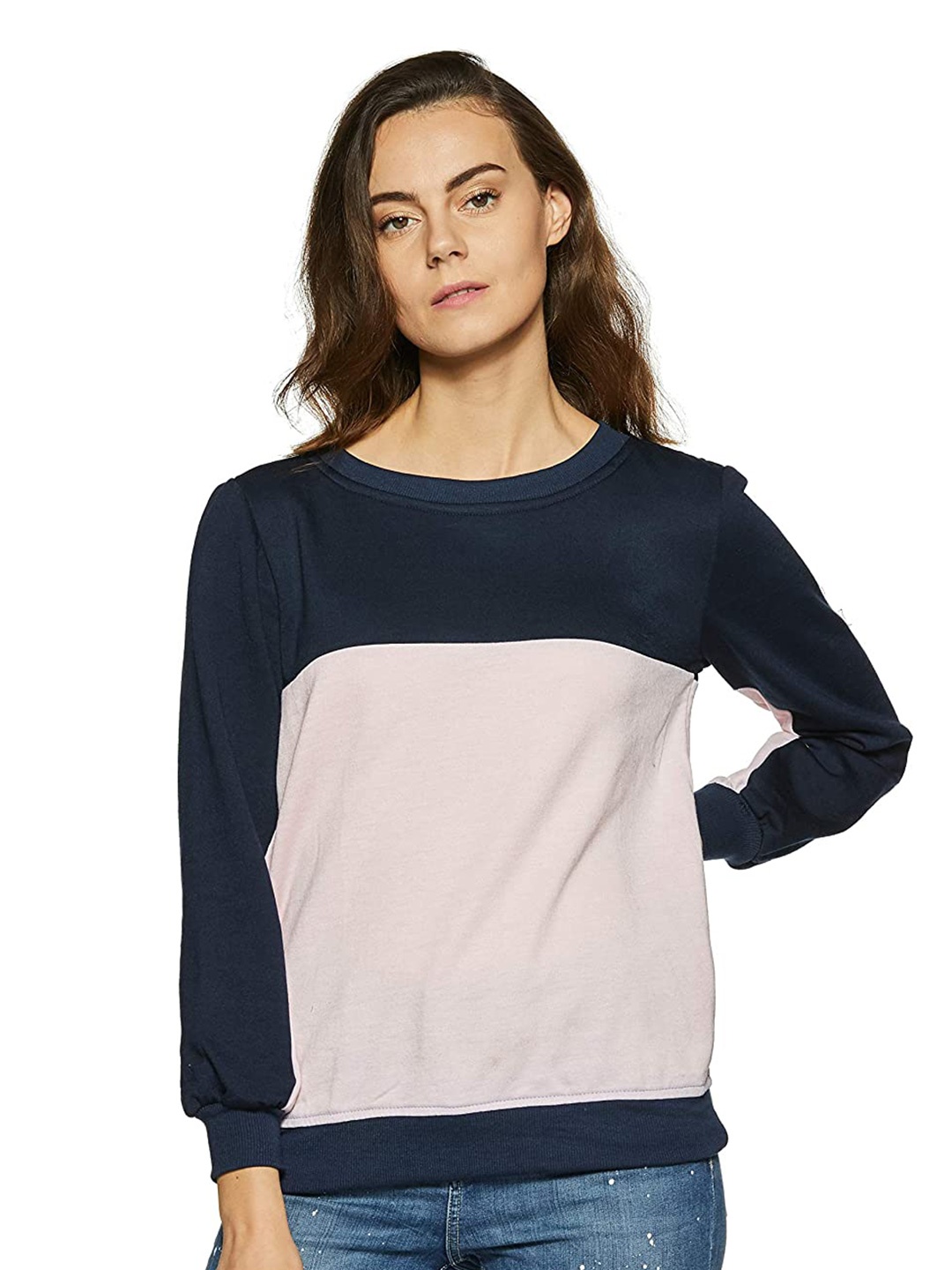 

BAESD Colourblocked Round Neck Fleece Pullover Sweatshirt, Navy blue