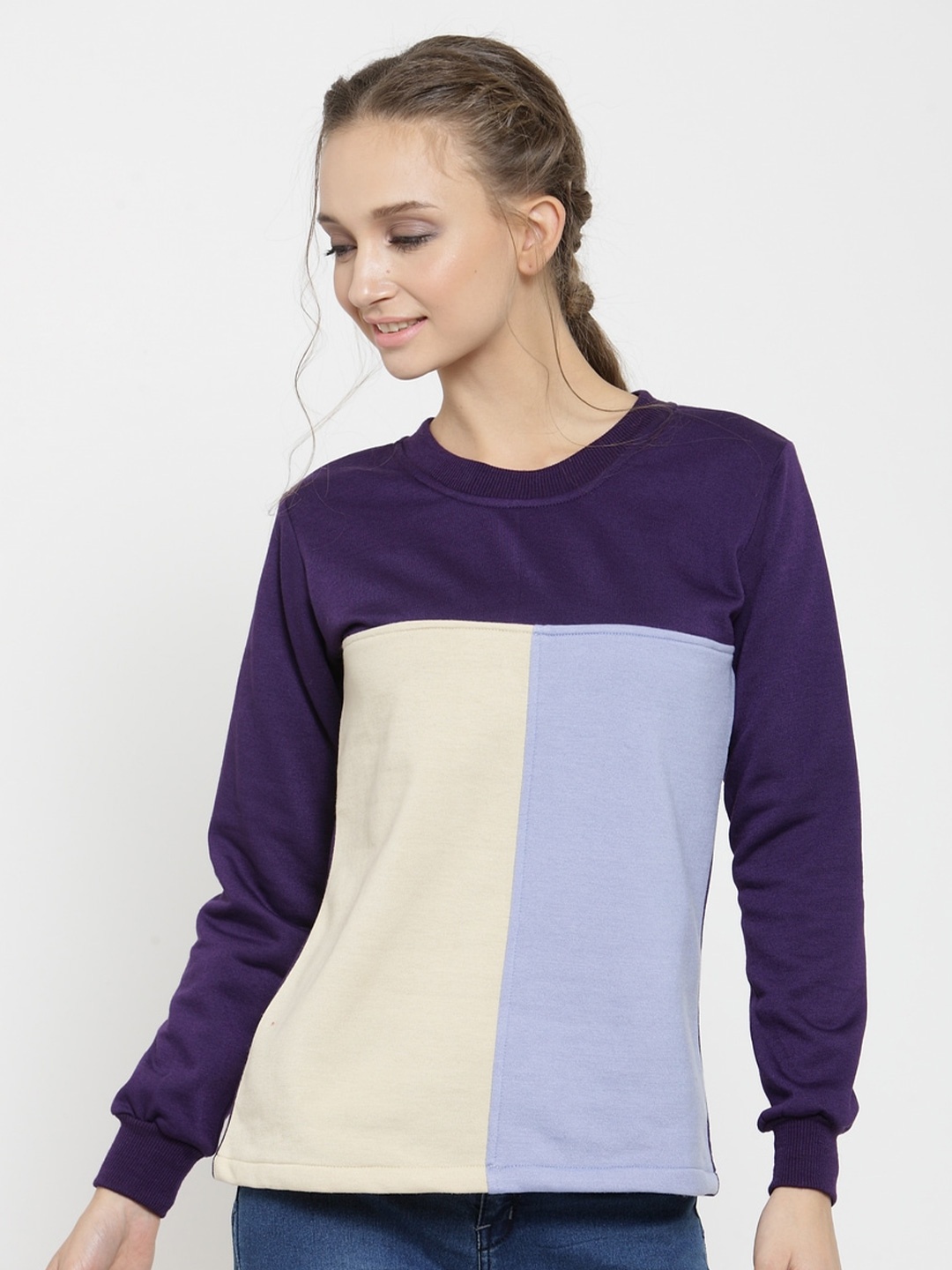 

BAESD Colourblocked Round Neck Fleece Pullover Sweatshirt, Purple