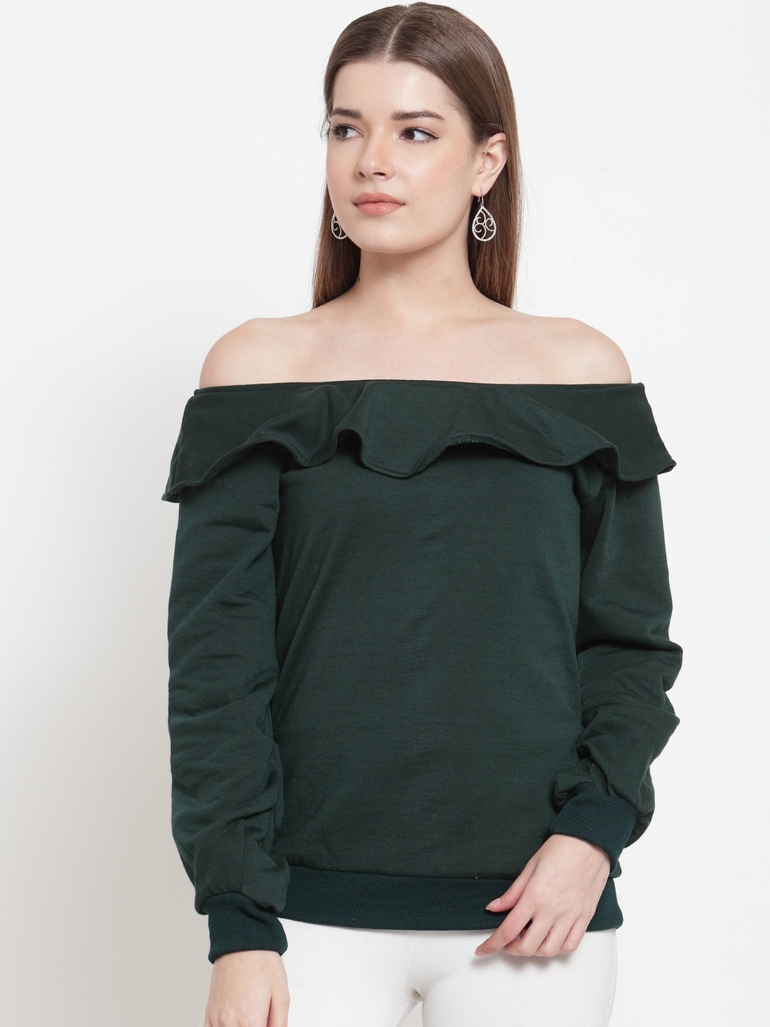 

BAESD Off-Shoulder Ruffles Detail Fleece Top, Teal