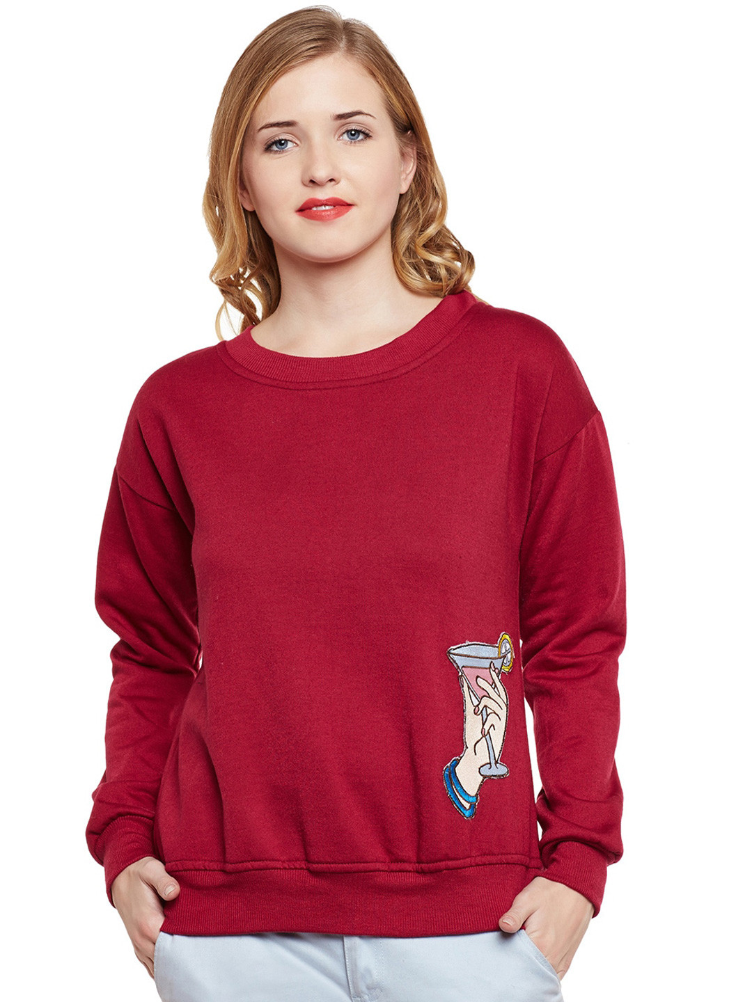 

BAESD Roumd Neck Long Sleeves Applique Fleece Pullover Sweatshirt, Maroon