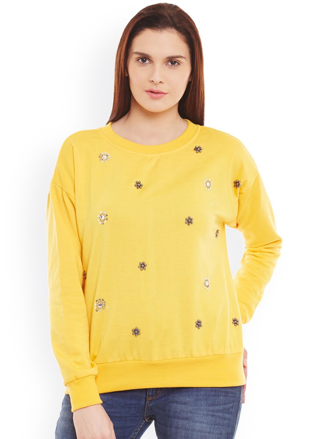 

BAESD Embroidered Round Neck Long Sleeve Fleece Pullover Sweatshirt, Yellow