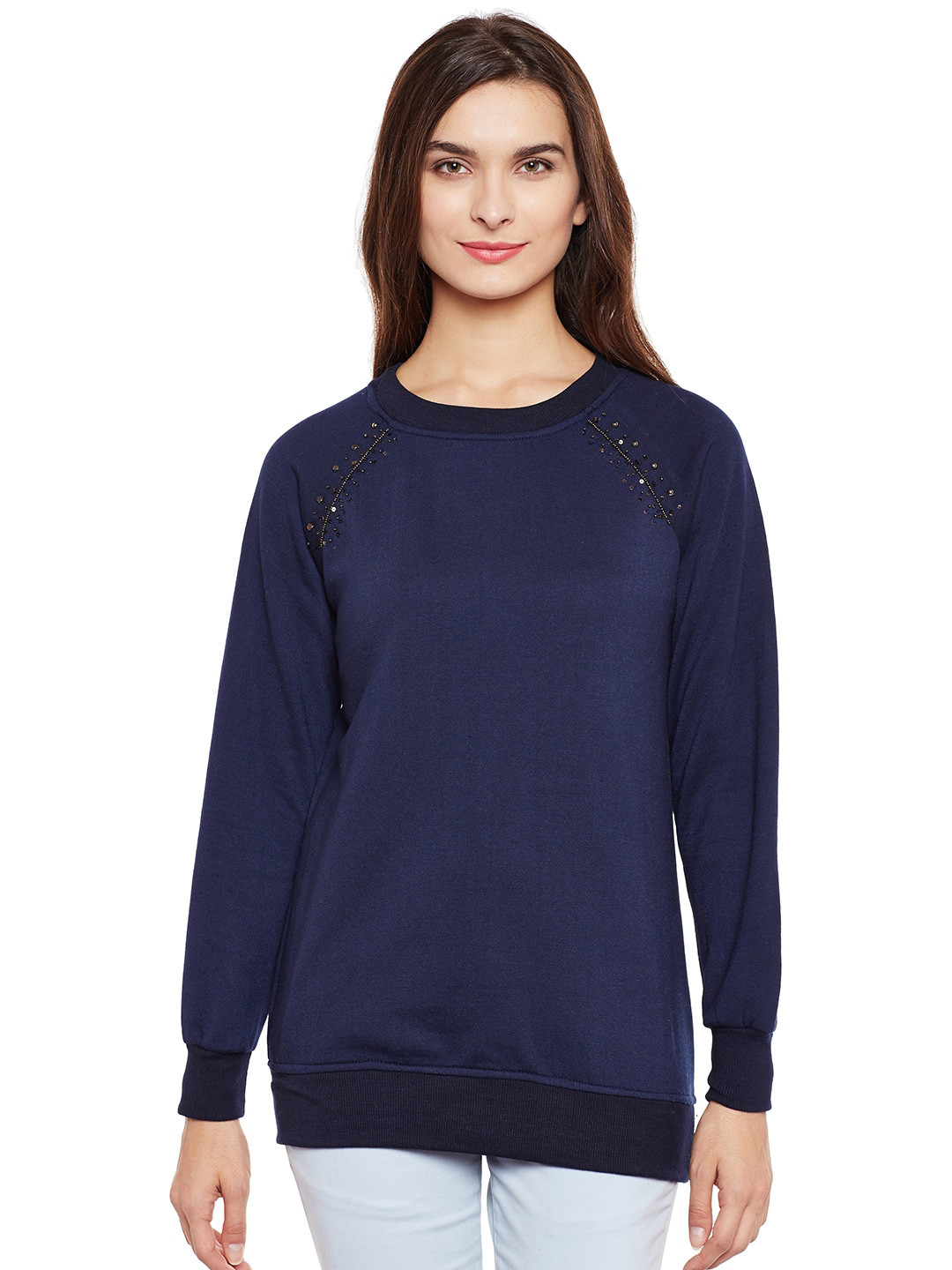 

BAESD Embroidered Round Neck Long Sleeve Fleece Pullover Sweatshirt, Navy blue