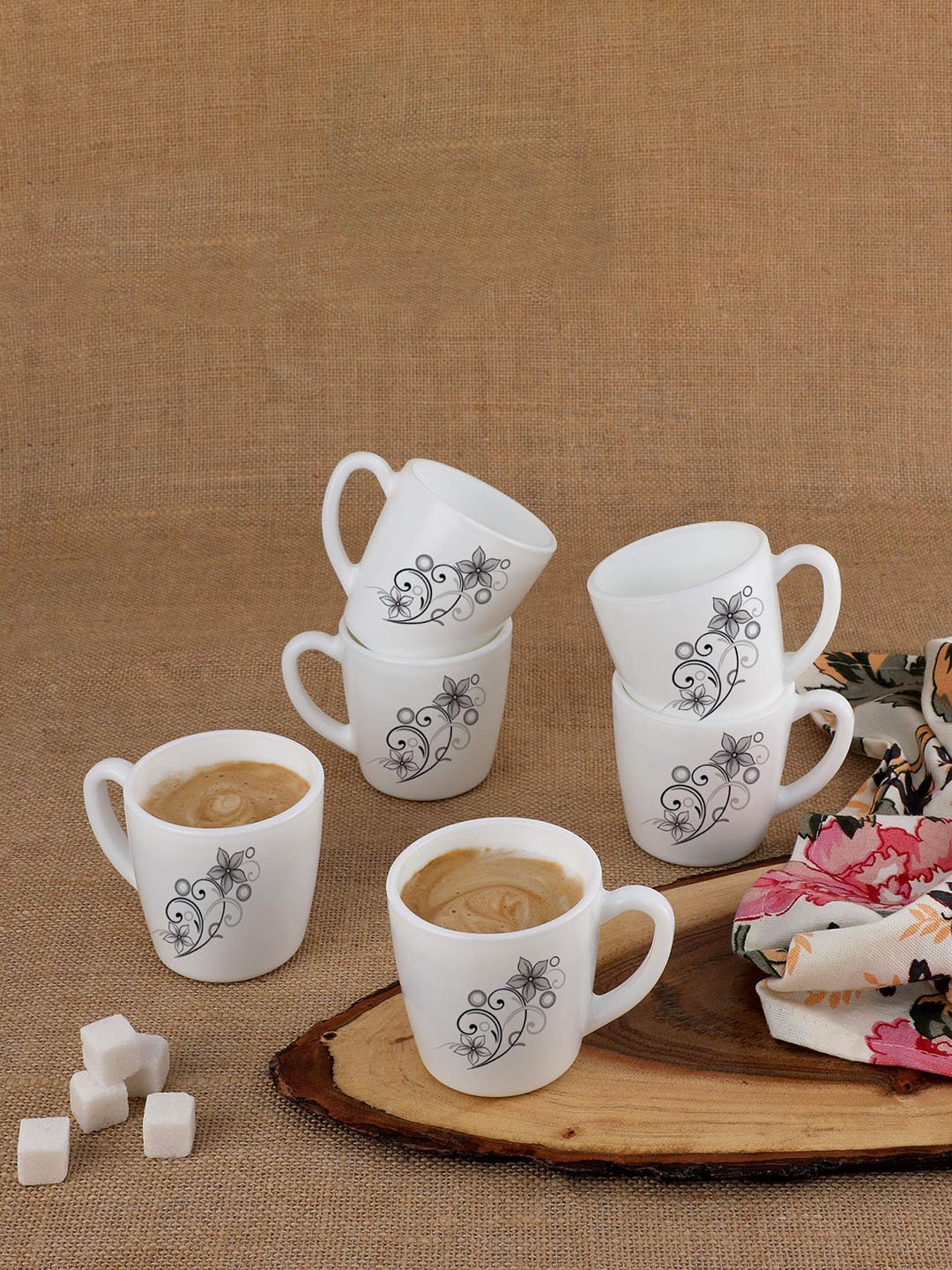 

Cello White & Black 6 Pieces Printed Opalware Mugs - 100 ml Each