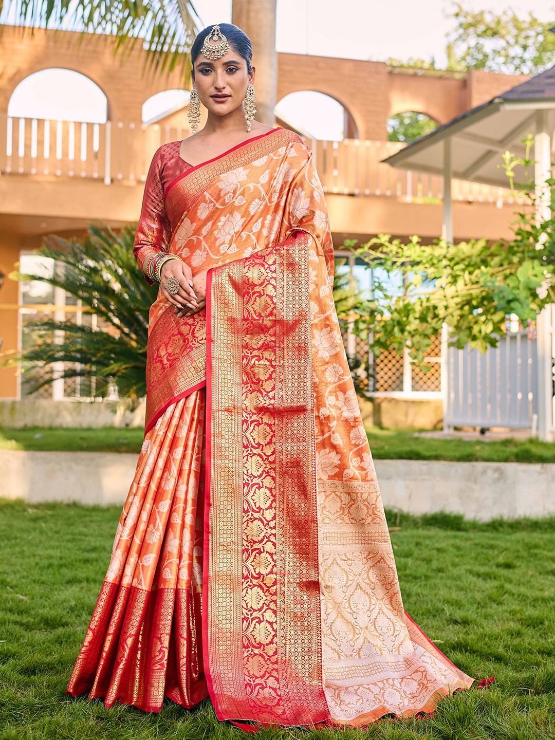 

Mitera Ethnic Motifs Woven Design Zari Kanjeevaram Saree, Orange