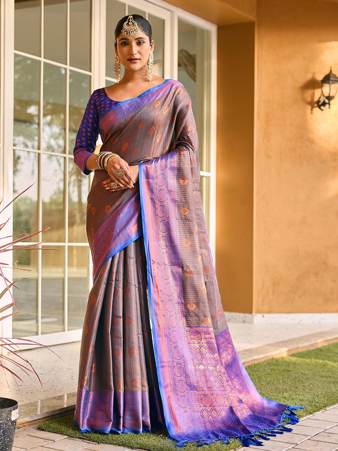 

Mitera Grey & Blue Woven Design Zari Kanjeevaram Saree