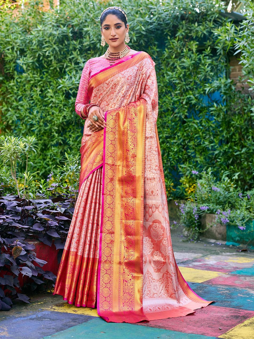 

Mitera Red Floral Zari Kanjeevaram Saree