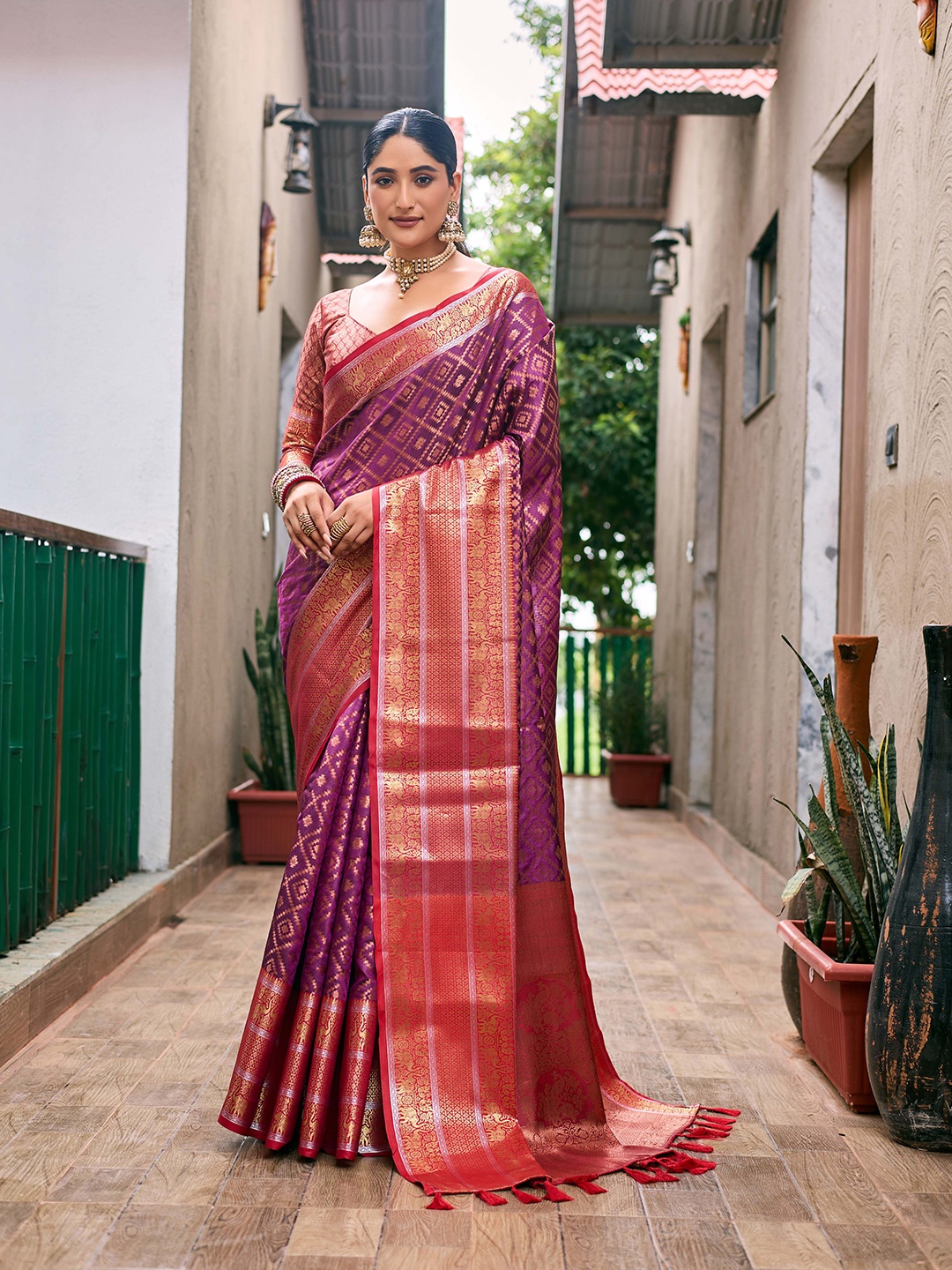

Mitera Purple & Red Woven Design Zari Kanjeevaram Saree