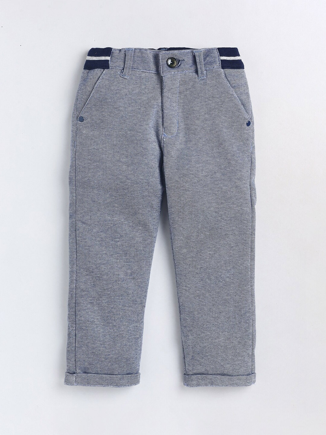 

Olio Kids Boys Mid Rise Textured Plain Cotton Trousers, Blue