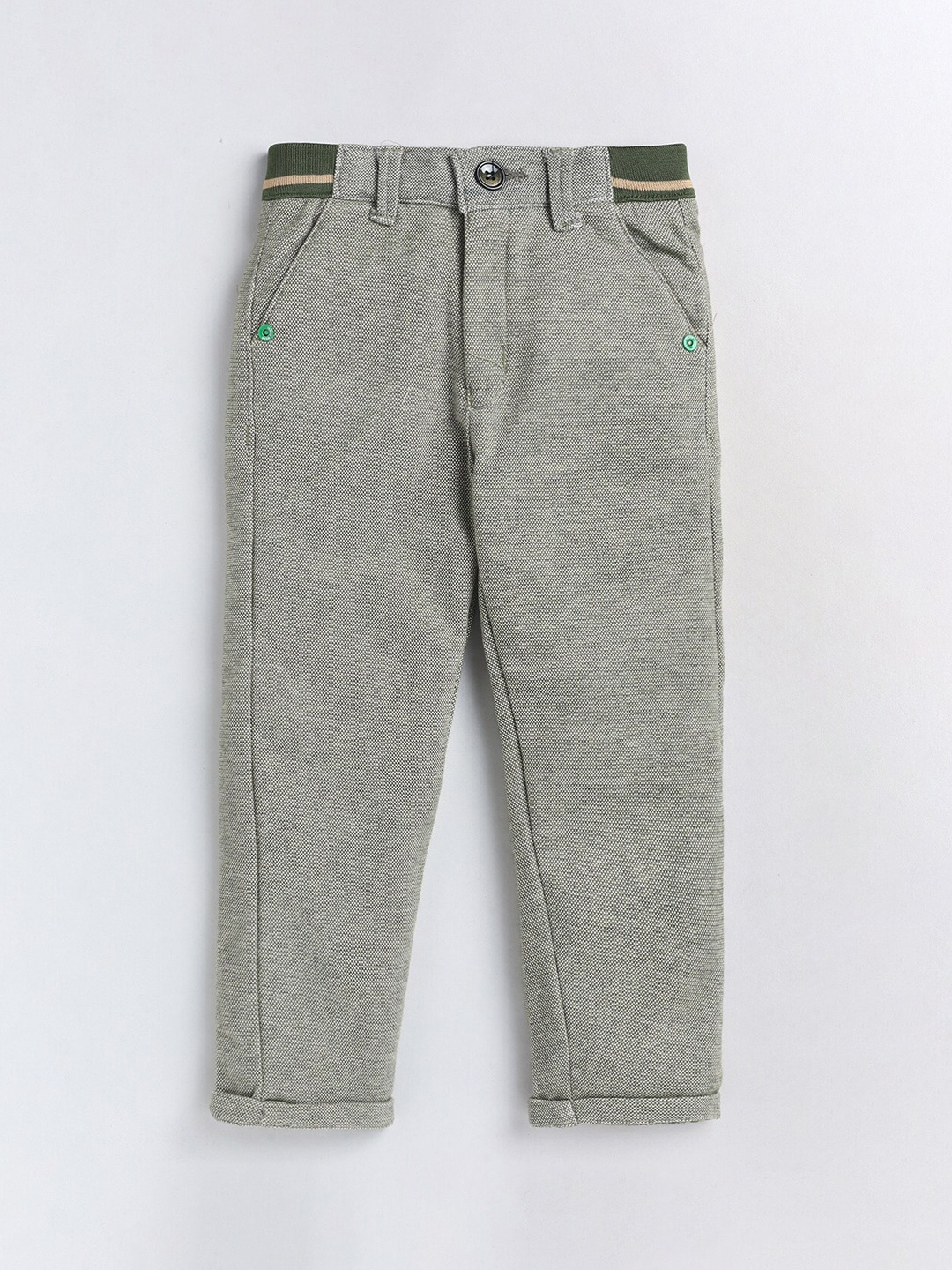 

Olio Kids Boys Mid Rise Textured Plain Cotton Trousers, Green