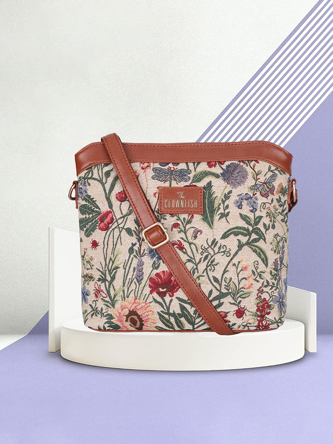 

THE CLOWNFISH Flavia Floral Printed Structured Sling Bag, Beige