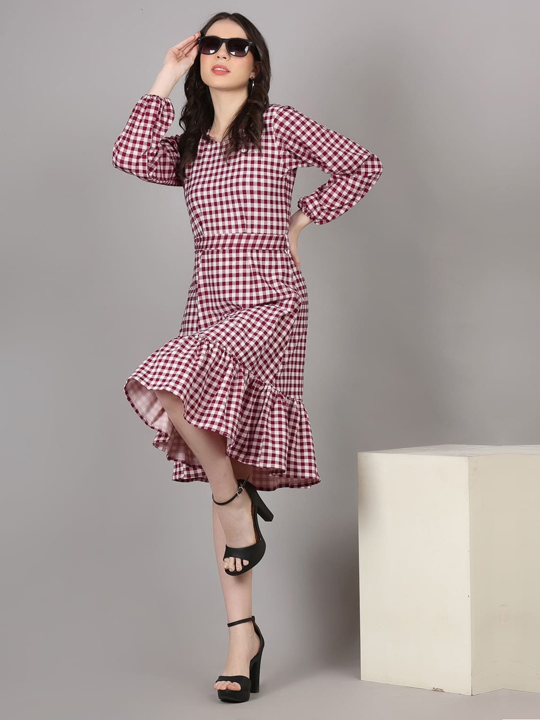 

pinfit Checked Puffed Sleeves Sheath Dress, Maroon
