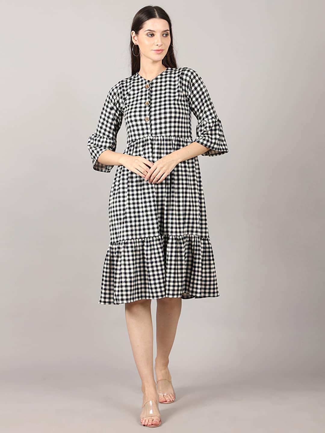 

pinfit Checked Bell Sleeve A-Line Cotton Dress, Black