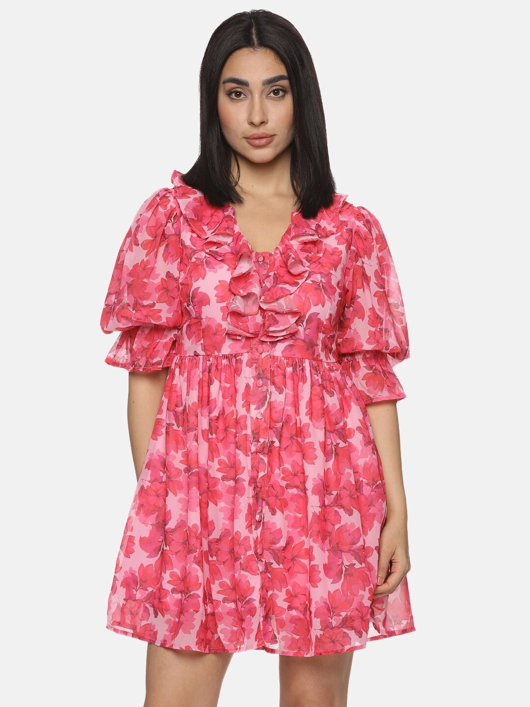 

ISU Floral Printed Puff Sleeves Georgette Fit & Flare Dress, Pink