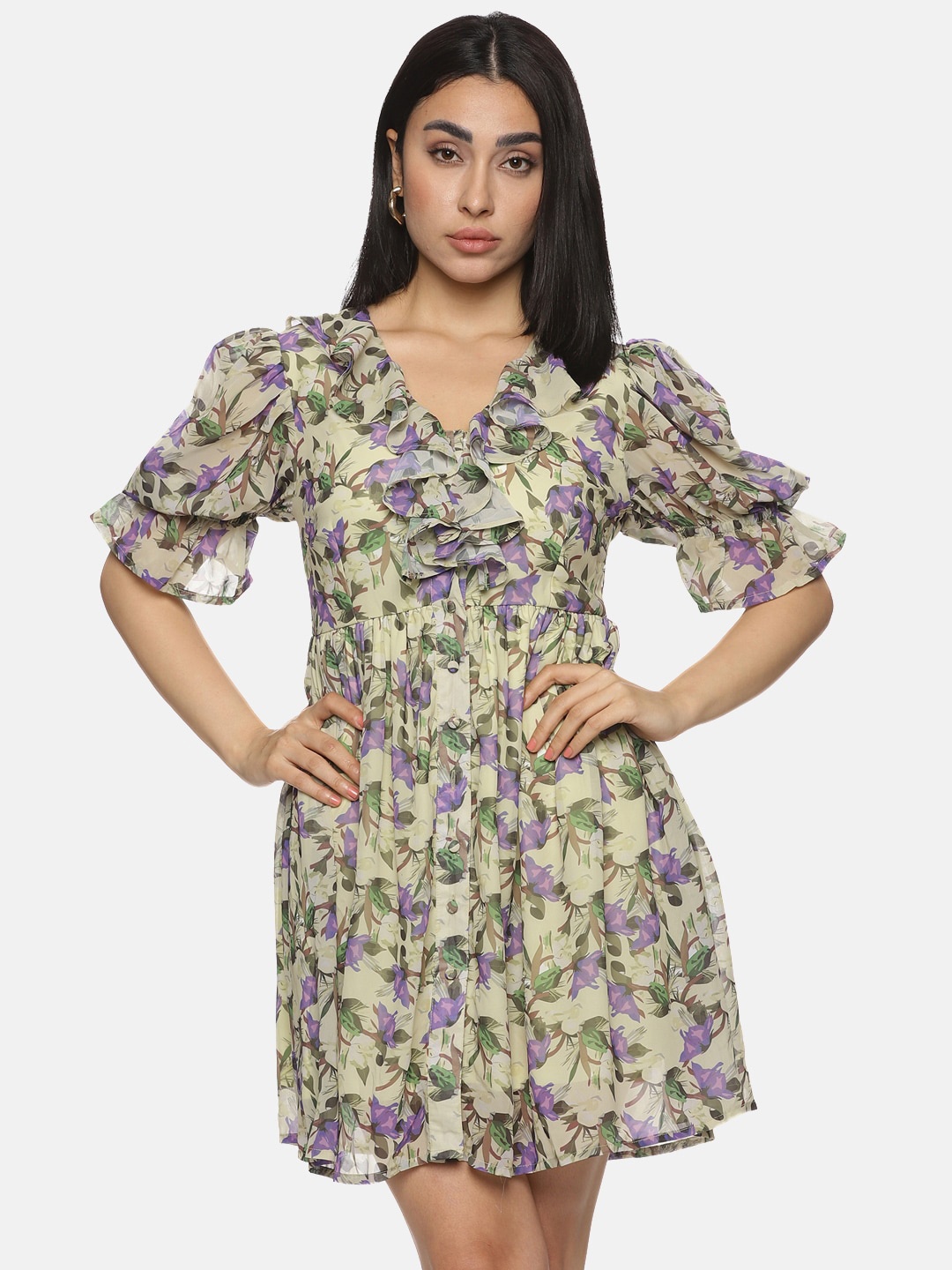 

ISU Floral Printed V-Neck Puff Sleeves Ruffles Georgette Fit & Flare Mini Dress, Olive