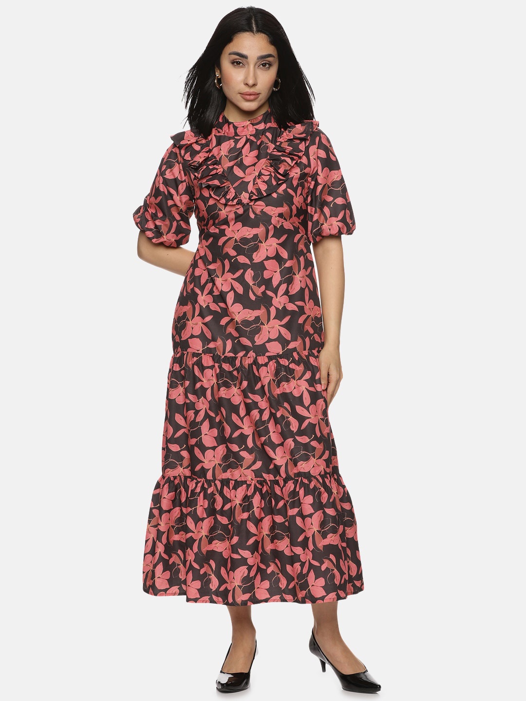 

ISU Floral Printed High Neck Puff Sleeves Maxi Dress, Black