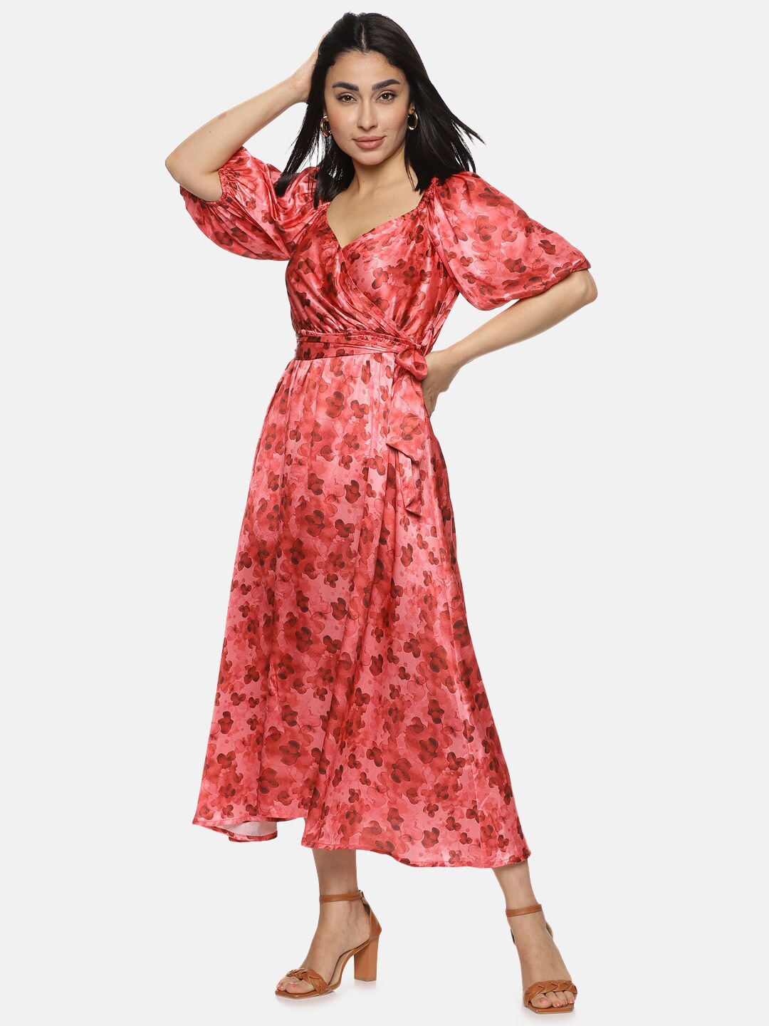 

ISU Floral Printed Sweetheart Neck Puff Sleeves Satin Fit & Flare Midi Dress, Red