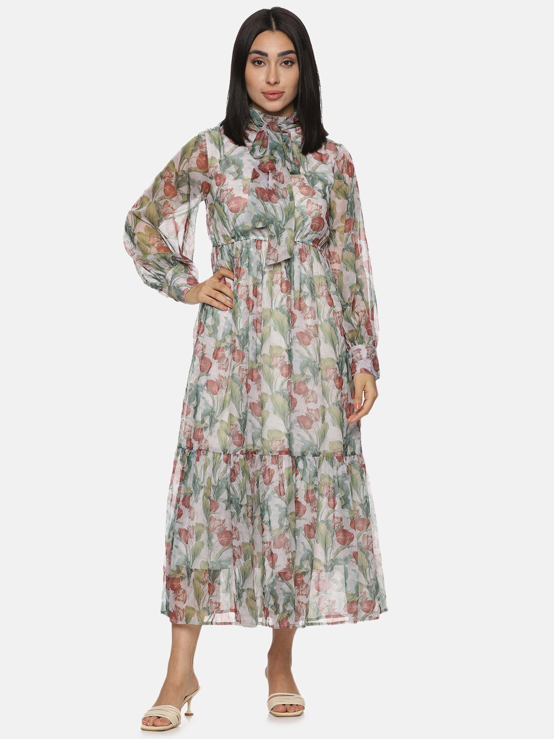 

ISU Floral Printed Tie-Up Neck Cuffed Sleeves Chiffon Fit & Flare Midi Dress, Green