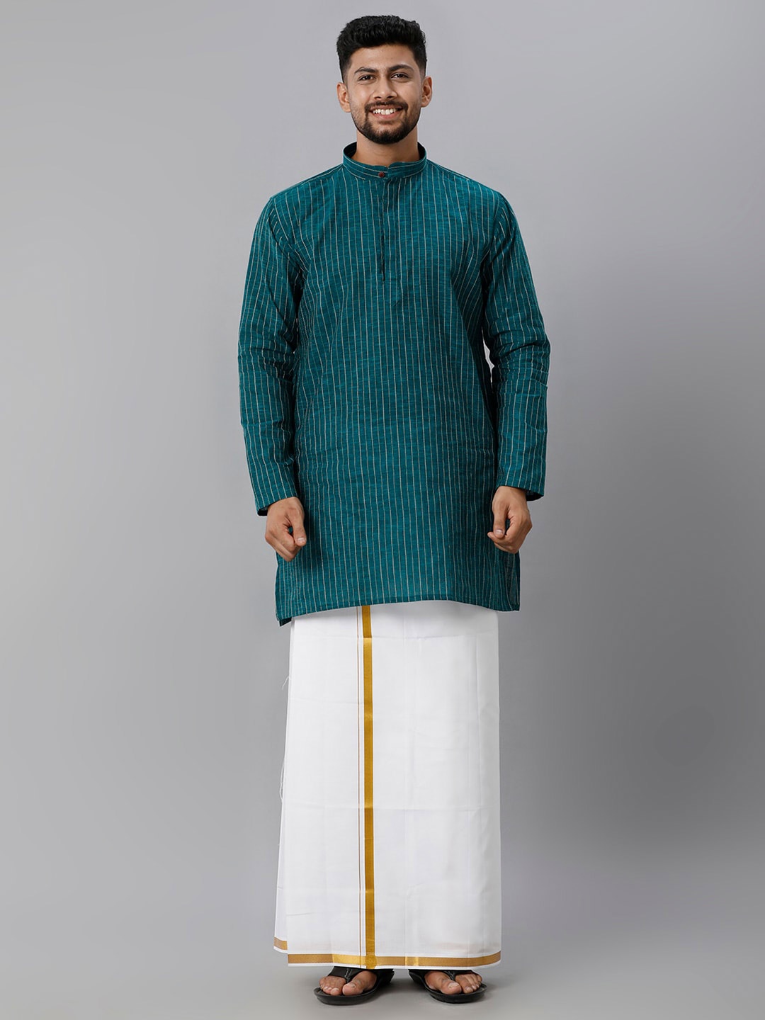 

Ramraj Men Green Kurta with Gold Jari Dhoti