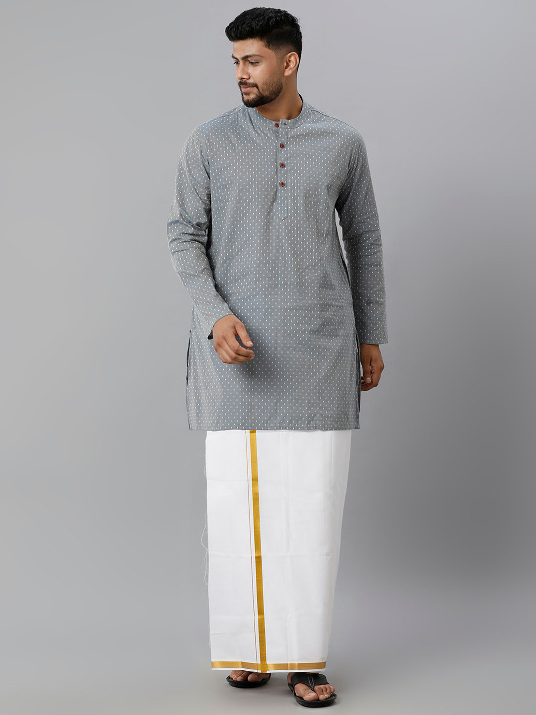 

Ramraj Printed Band Collar Kurta with Veshti, Grey