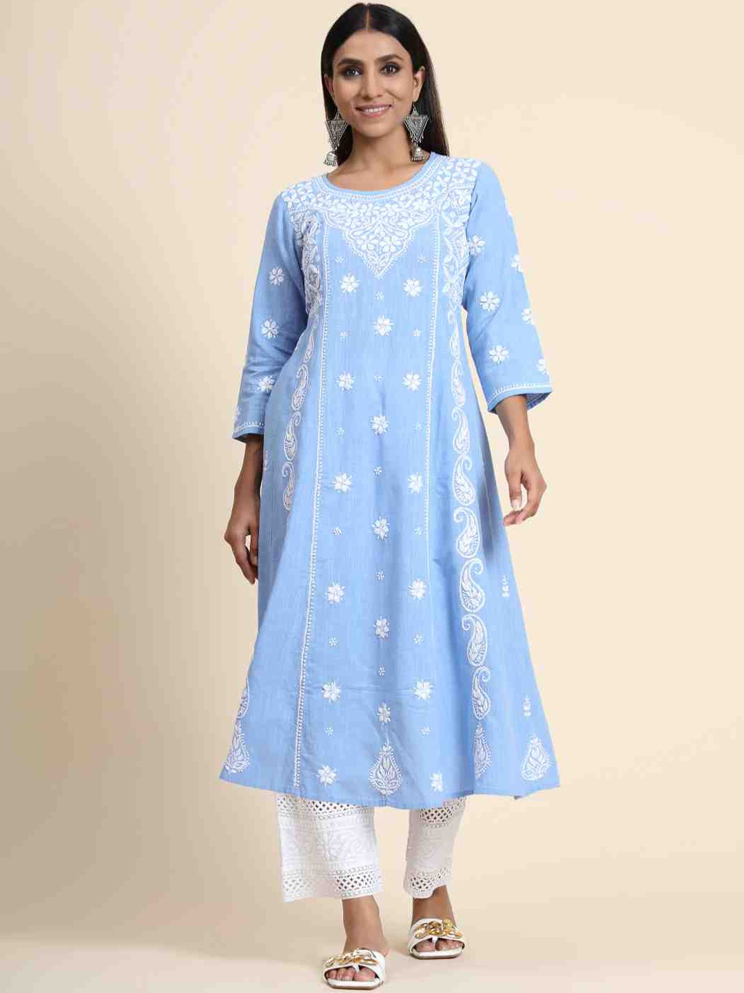 

HOUSE OF KARI Ethnic Motifs Embroidered Thread Work Cotton A-Line Kurta, Blue