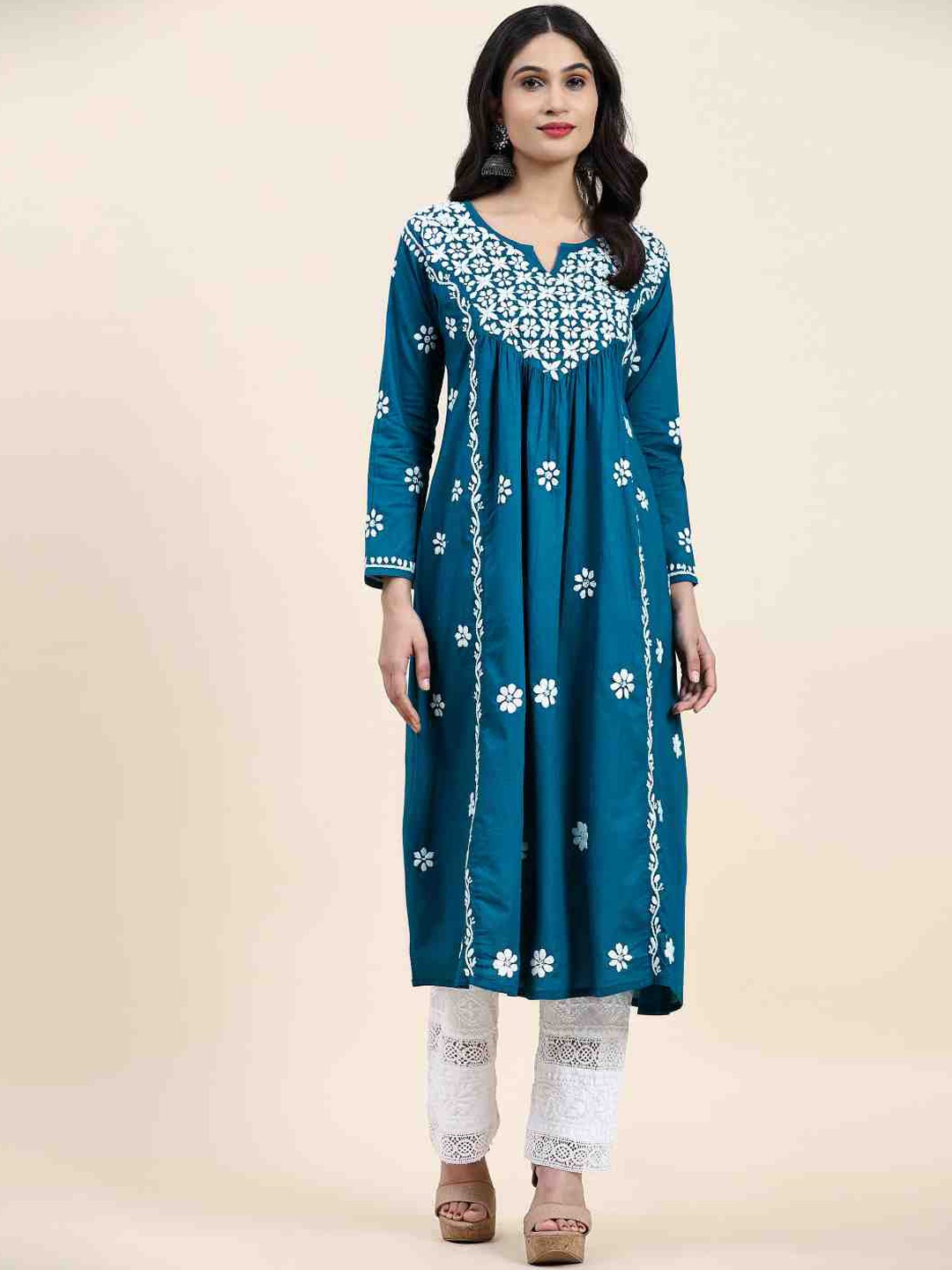 

HOUSE OF KARI Floral Embroidered Cotton Empire A-Line Kurta, Turquoise blue