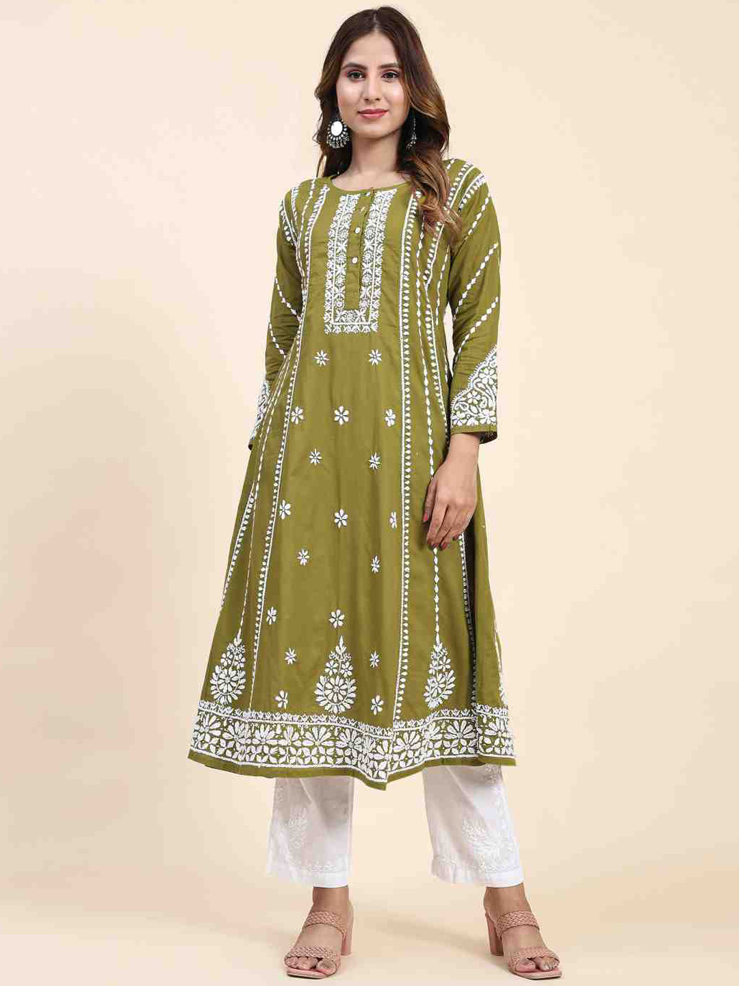 

HOUSE OF KARI Ethnic Motifs Embroidered Cotton A-Line Kurta, Green