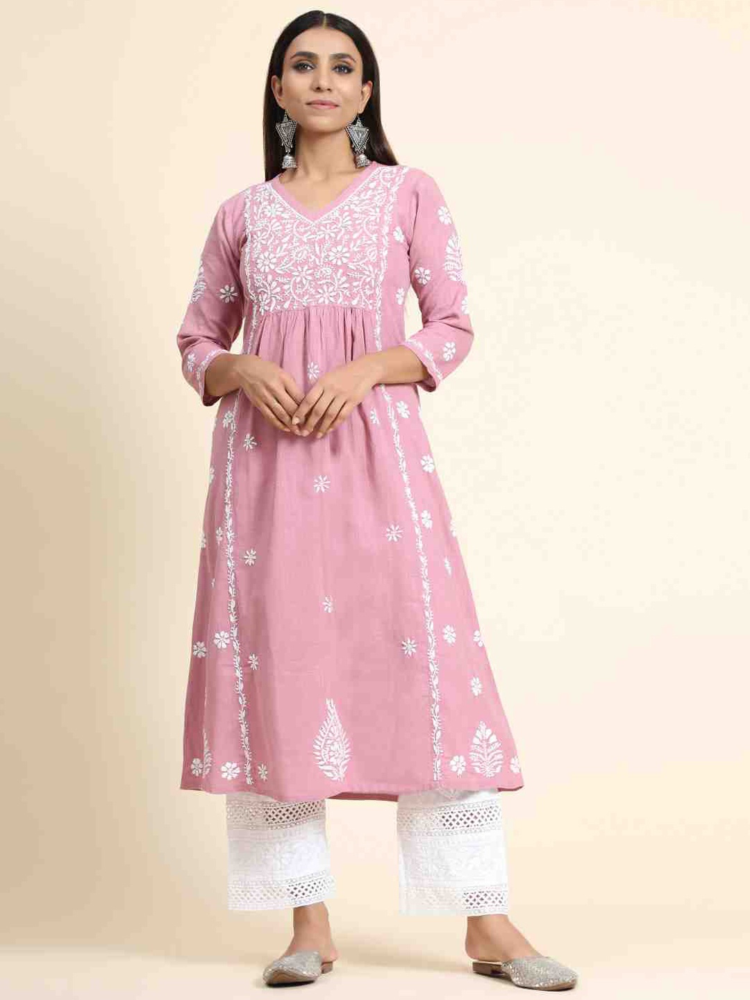 

HOUSE OF KARI Ethnic Motifs Embroidered V-Neck Cotton Anarkali Kurta, Pink